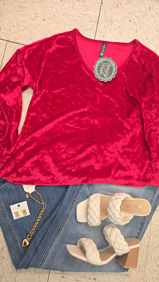 Rose Red Crushed Velvet Pullover Top